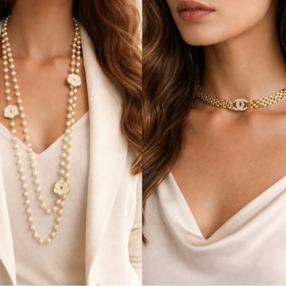 Gold CC Style Choker & Layered Chain Necklace Set Rhinestone Clasp
